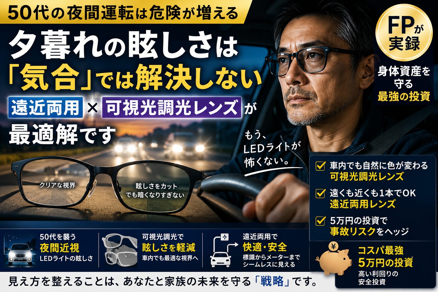 50代の夜間運転で感じる眩しさ対策として、遠近両用と可視光調光レンズを装着した男性ドライバーをイメージしたアイキャッチ画像。