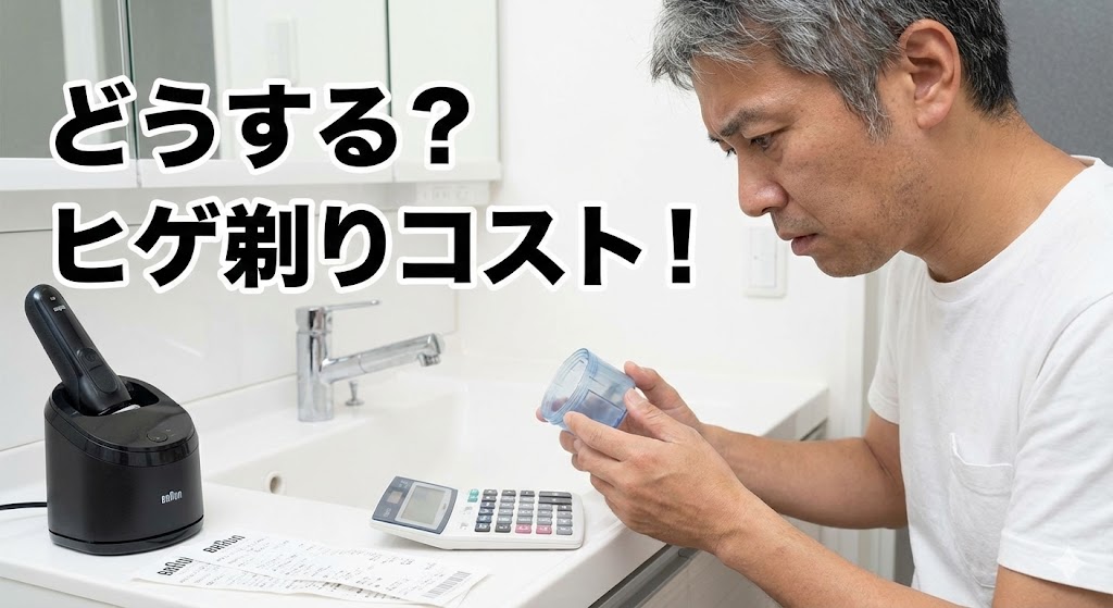 洗面所で電気シェーバーの洗浄液カートリッジを手に持ち、維持費の節約と医療脱毛の費用対効果を電卓で計算して悩むFPの男性