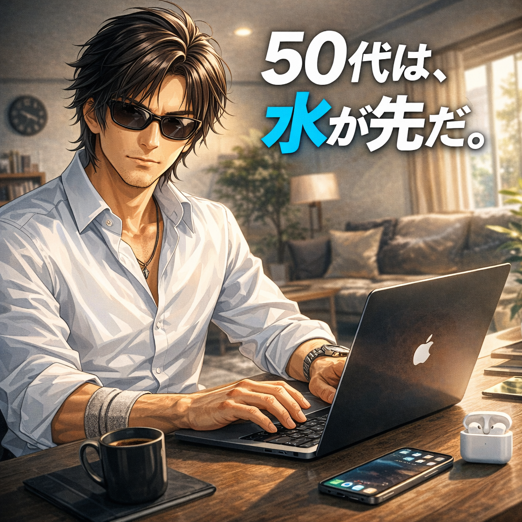 50代男性が大容量の化粧水を惜しみなく使い、肌に水分を重ねている様子。高価な美容液ではなく、量を使う合理性で肌の水分保持を狙う身体投資の実例。