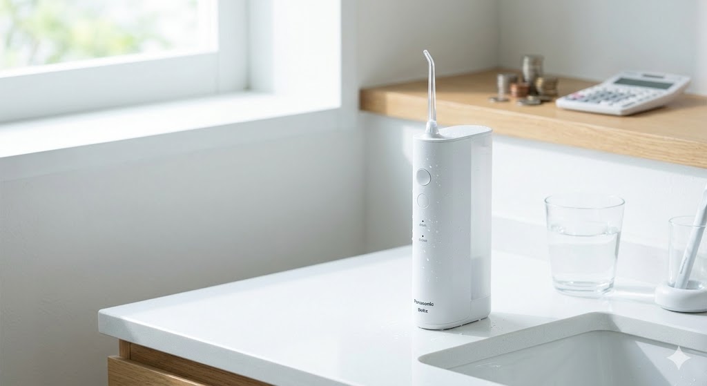 洗面台に置かれたパナソニックのジェットウォッシャー「ドルツ」。50代FPがインプラント費用を回避するために導入した口腔洗浄器と、資産防衛のイメージ。