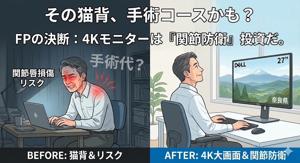 ノートパソコンによる猫背姿勢が招く関節唇損傷リスクと、4K大画面モニターによる姿勢改善・関節防衛効果を比較したビフォーアフター画像。