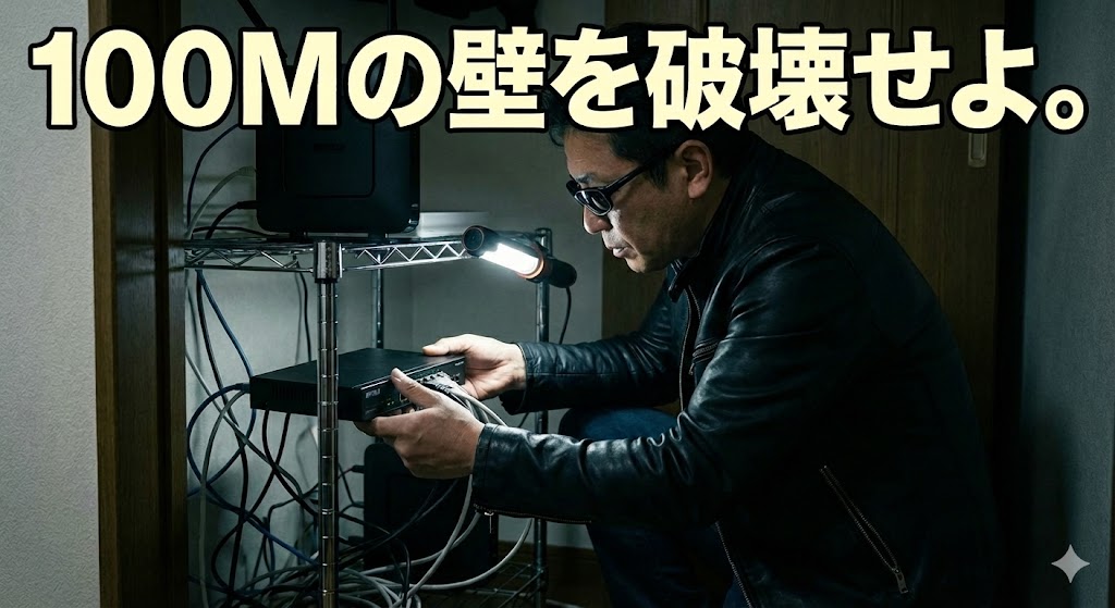 暗いクローゼットの中でサングラスをかけながら、ライトを手にバッファローのハブを交換する50代男性。100Mの壁を破壊し通信インフラを劇的に改善した、奈良・橿原のFPによる執念の環境投資を象徴するビジュアル。