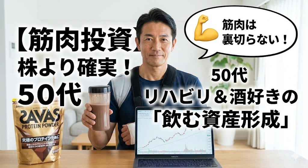 リハビリ中の50代男性がプロテインで筋肉投資をしている様子