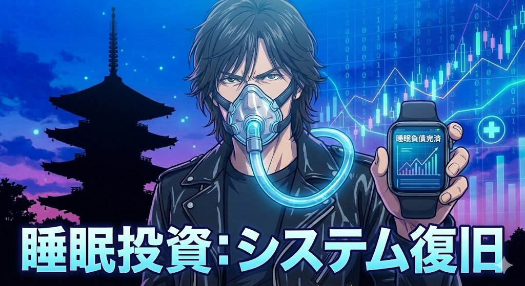 睡眠時無呼吸症候群（SAS）の治療機器であるCPAP（シーパップ）を装着した、知的でロックスター風の50代男性のアニメイラスト。ハンニバル・レクターを彷彿とさせるマスク姿を、身体資本への戦略的な投資という文脈で表現しています。