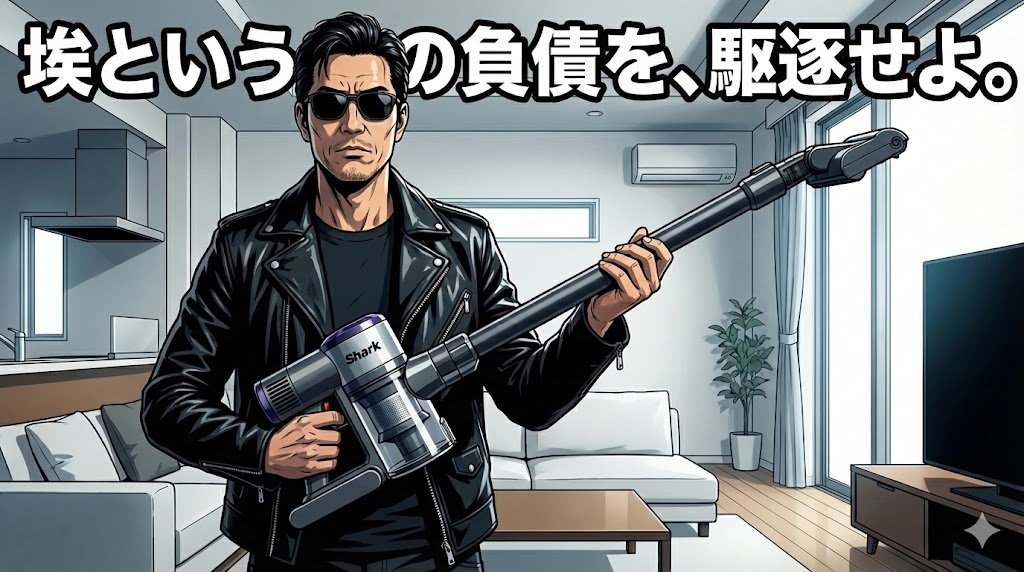 奈良・橿原の自宅で、シャークの掃除機を武器のように構える50代の男性。身体資本を守るための環境防衛投資を象徴する、ロックスター風の力強いビジュアル。