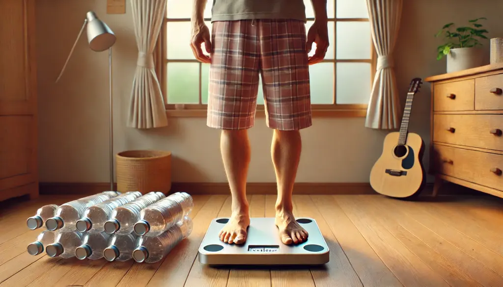 【身体決算】パジャマ姿で体重計に乗る50代FPの足元と、床に置かれた自作の「魔改造ペットボトル」スペーサー