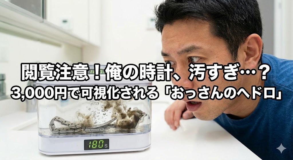 超音波洗浄機で腕時計を洗浄し、金属ベルトから黒い汚れが煙のように湧き出る様子に「閲覧注意!俺の時計、汚すぎ…?」と驚愕する40代男性