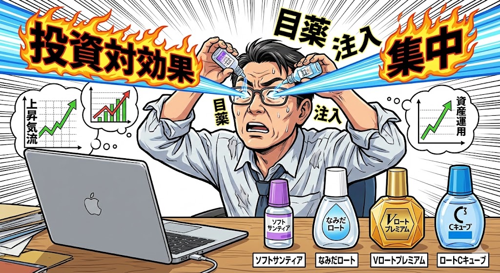 50代FPがデスクで使い分ける4種類の目薬(ソフトサンティア、なみだロート、Vロートゴールド、Cキューブ)の比較。