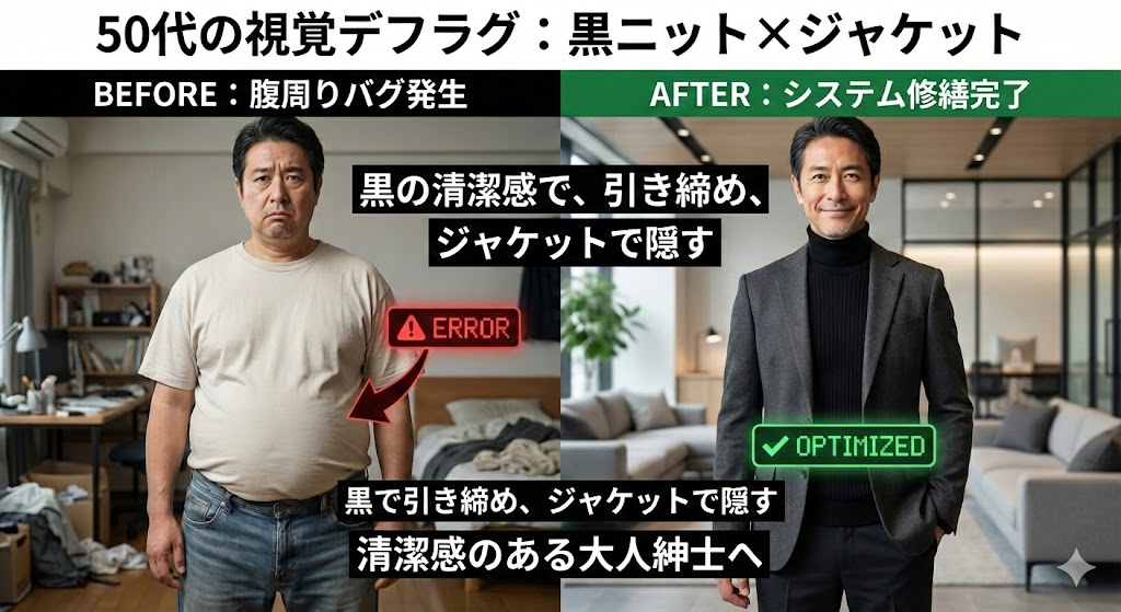 50代男性の体型カバーと清潔感向上のビフォーアフター。膨張色のTシャツで目立つお腹周りを、黒のハイネックニットとジャケットの組み合わせで視覚的にスッキリと修繕した比較イメージ。