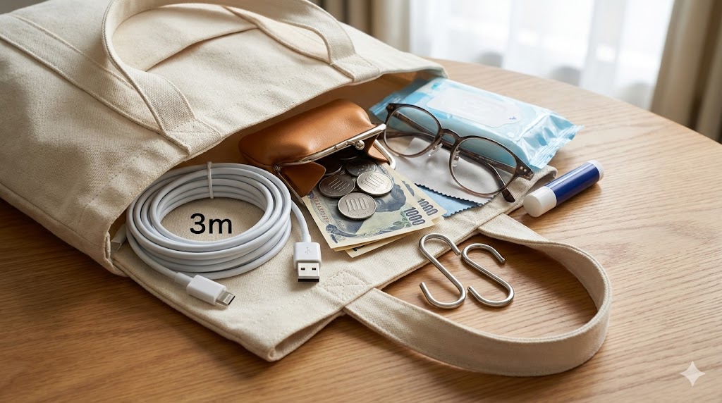 入院生活を快適にするための必需品一式。3メートルの長い充電ケーブル、小銭が入った財布、メガネとメガネ拭き、S字フック、ウェットティッシュ、リップクリームなどが並んでいる様子
