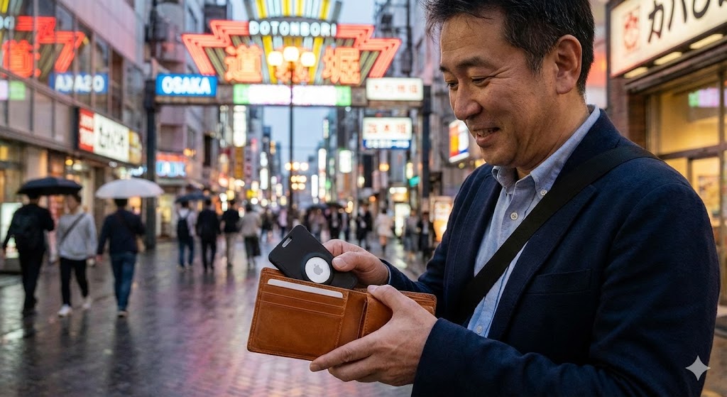 大阪の喧騒で財布を落としそうになる50代男性と、それを守るAirTagのイメージ。紛失リスクの修繕とセキュリティ投資。