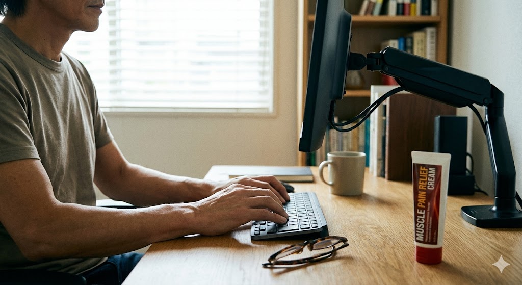 スタイリッシュな50代男性のキャラクターが、モニターアームを使って画面を自分の方へグイッと引き寄せているデスク風景。目の疲れを軽減するために、正しい姿勢を保ちながら快適に作業している様子。