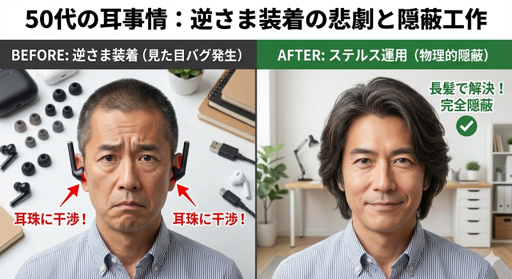 50代男性のワイヤレスイヤホン装着の悩み。左側は耳の出っ張り（耳珠）との干渉でイヤホンを逆さまに装着し「見た目バグ」が発生した困り顔、右側は長髪でイヤホンを完全に隠す「ステルス運用」に成功し満足した表情の比較画像。