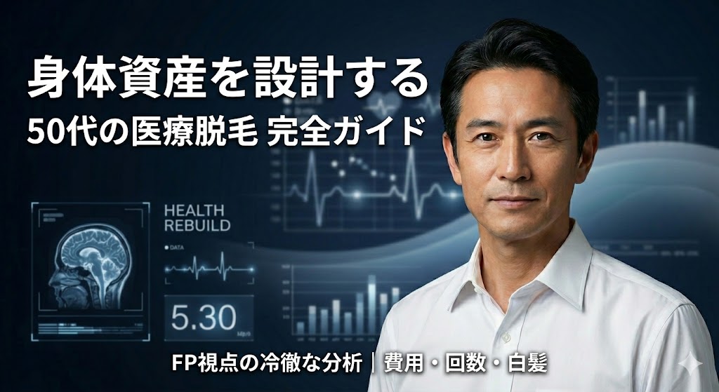 身体資産を設計する50代男性の医療脱毛完全ガイド。入院時や介護時のリスク管理として、Oライン脱毛の重要性を解説するアイキャッチ画像。