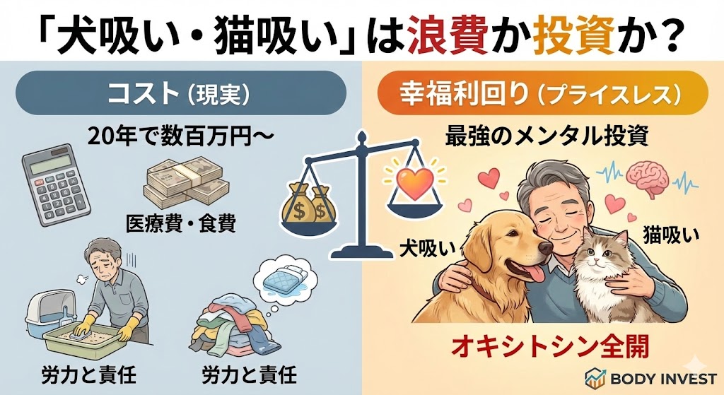 「犬吸い・猫吸い」は浪費か投資かを比較したアイキャッチ画像。左側には猫砂の掃除やウレション後の洗濯に追われる50代男性の現実(コスト)を描き、右側には愛犬・愛猫を抱きしめて幸福感(オキシトシン)を得る様子(投資効果)を描いた、BODY INVEST流のペットライフ比較。