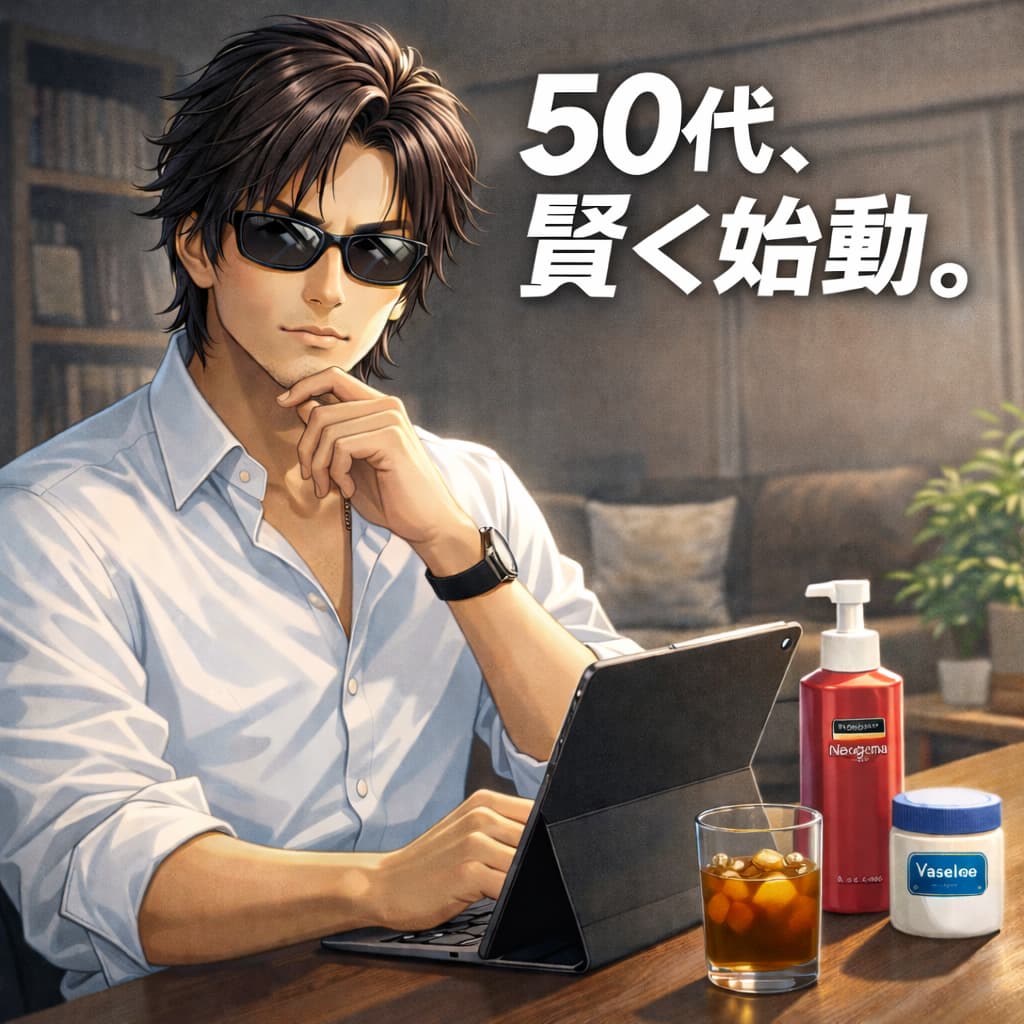サングラスをかけた知的な50代男性が書斎でiPadを開き、保湿アイテムを前に冷静に考える様子。「50代、賢く始動。」の文字入りアイキャッチ画像。