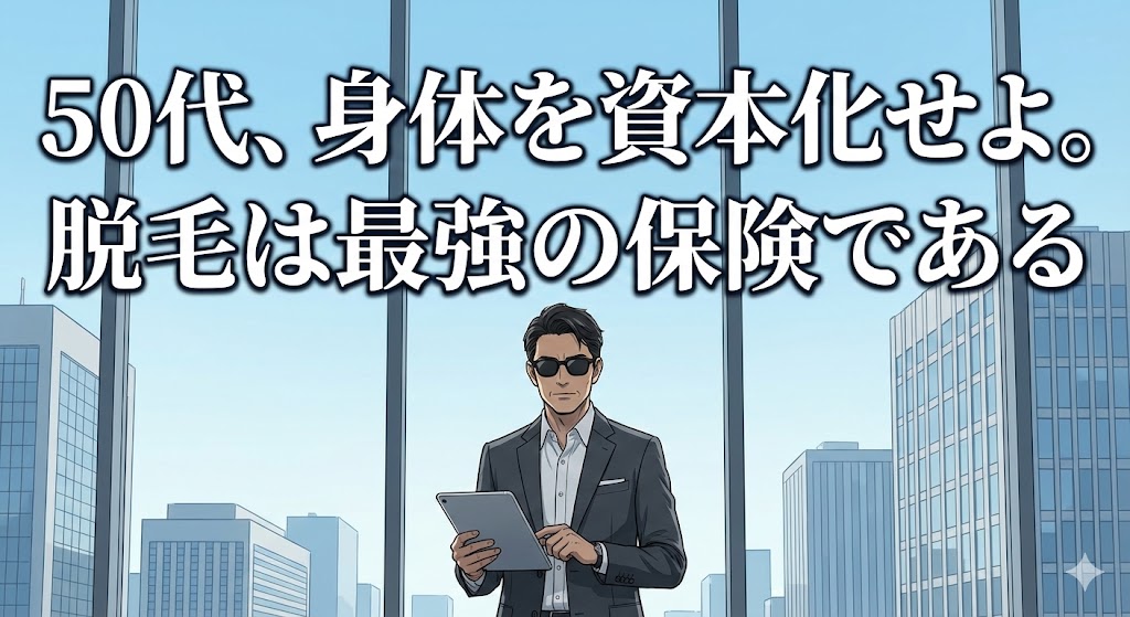 都会のオフィスでタブレットを持つ、黒髪でサングラス姿のスタイリッシュな50代日本人男性。上部に「50代、身体を資本化せよ。脱毛は最強の保険である」というキャッチコピーが入ったアイキャッチ画像。