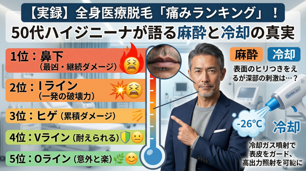 50代メンズ全身脱毛の部位別痛みランキング。鼻下やIラインの激痛と、ジェントルレイズのマイナス26度冷却ガスの有効性を解説するアイキャッチ画像