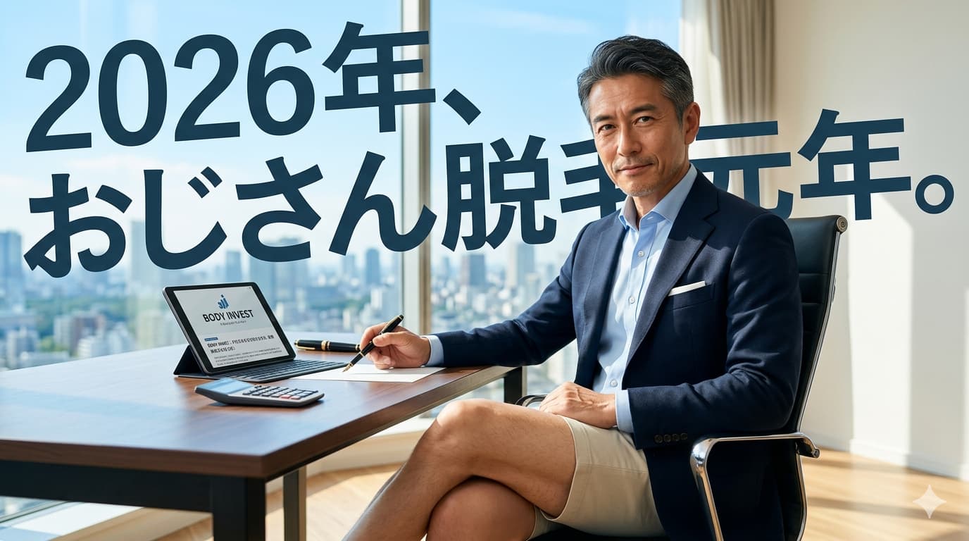 2026年おじさん脱毛元年。ハーフパンツでデスクに座る清潔感のある50代男性のイメージ画像