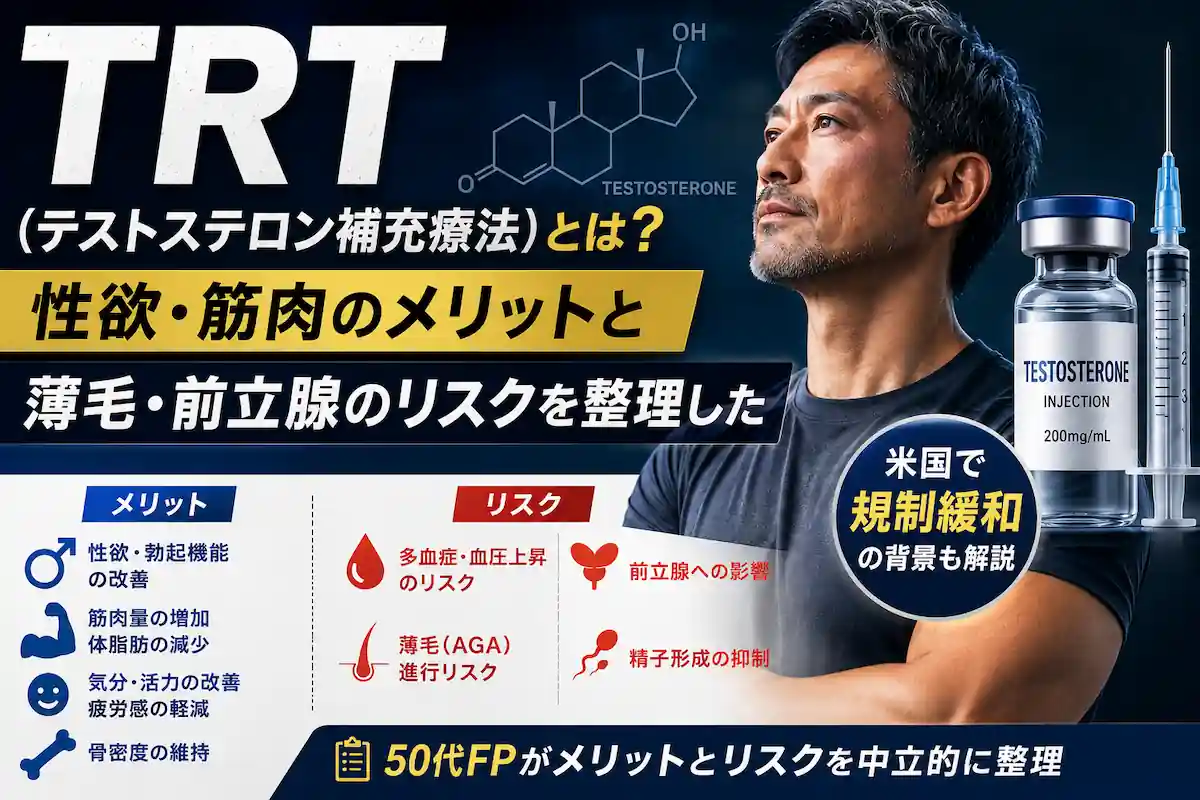 テストステロン補充療法（TRT）のメリットとリスクを解説するアイキャッチ画像。性欲・筋肉への効果と薄毛や前立腺への影響を整理。