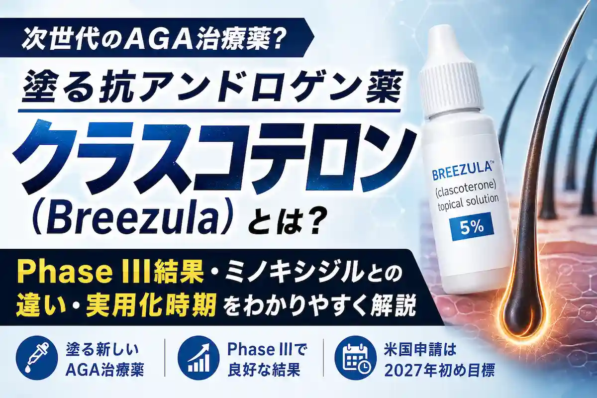 クラスコテロン（Breezula）の外用薬ボトルと毛包イメージ。塗る抗アンドロゲン薬として注目されるAGA新薬のPhase III結果やミノキシジルとの違いを解説するアイキャッチ画像。