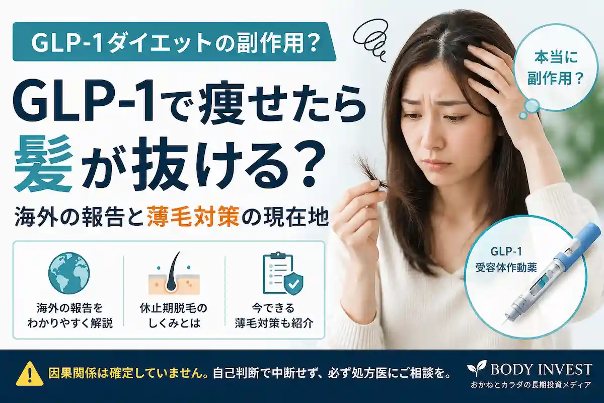 GLP-1ダイエットで髪が抜ける？と抜け毛を心配する女性とGLP-1受容体作動薬の注射ペンを配した、海外報告・休止期脱毛の仕組み・薄毛対策を解説する記事のアイキャッチ画像（因果関係は未確定・処方医への相談を促す注意書き付き）